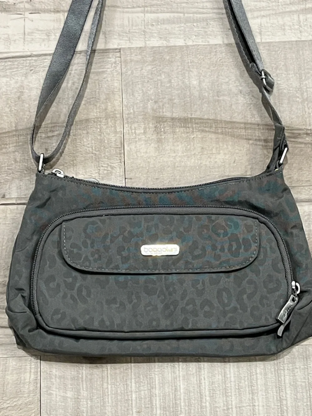 Baggallini Gray Leopard-Print Crossbody Bag with adjustable strap and billfold